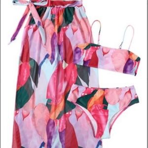 Three piece Pink Floral Bathing Suit Set